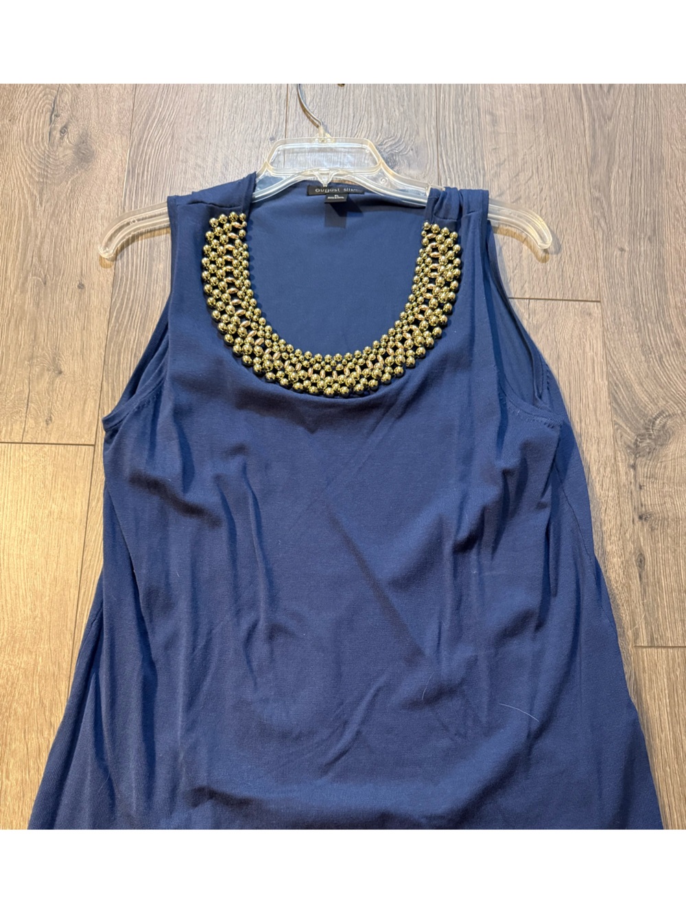 august silk Navy Tank with Gold Beaded Neckline